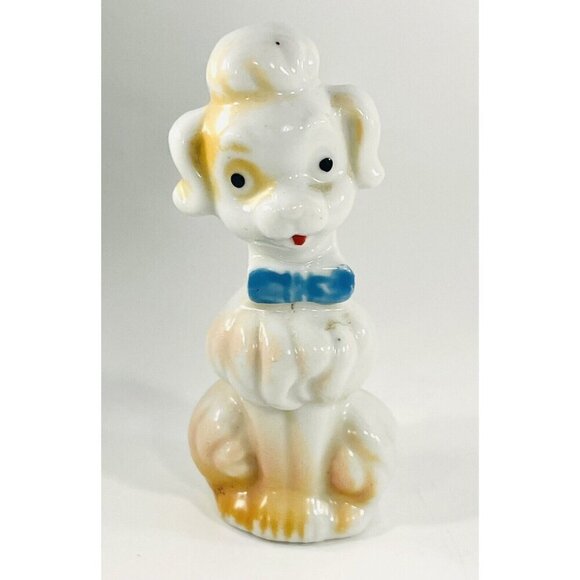 Vintage MCM Standard French Poodle Dog Figurine 3.75” Ceramic White Blue Bow - Picture 1 of 5